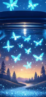 Jar of glowing butterflies with starry background.