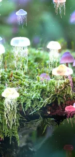 Luminous forest with glowing jellyfish-like fungi on a mossy branch.