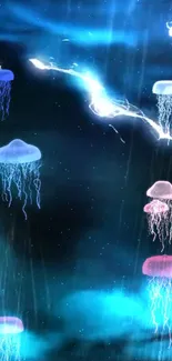 Jellyfish floating in a cosmic blue ocean with glowing lights.