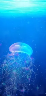 Luminous jellyfish in a magical blue ocean scene.