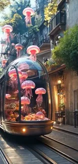 A streetcar filled with jellyfish glides through a mystical urban street.
