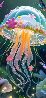Vibrant jellyfish with flowers and butterflies.