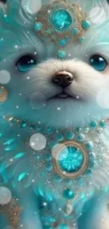 Cute puppy with turquoise jewels in a fantasy-themed wallpaper.