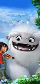 Young girl plays violin with a friendly yeti in a scenic mountain setting.