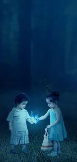 Children in a magical forest with glowing blue light.