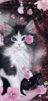 Cute kitten with wings on pink crescent moon, surrounded by butterflies.