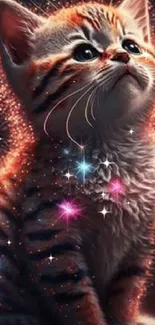 Magical kitten wallpaper with sparkling stars and vibrant colors.