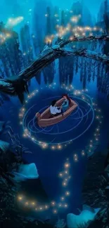 A couple in a boat on a magical, glowing lake at night.