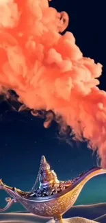 Magical lamp releasing vibrant orange smoke against a dark background.