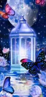 Magical night with lantern, butterflies, and water lilies in enchanting scenery.