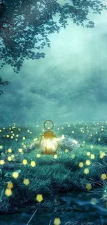 A magical meadow with fireflies and a glowing lantern at night.