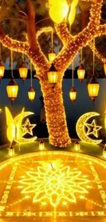 Magical tree decorated with lanterns and celestial designs glowing at night.