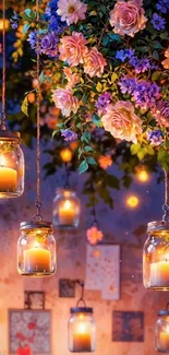 Glowing lanterns in a vibrant flower arrangement.