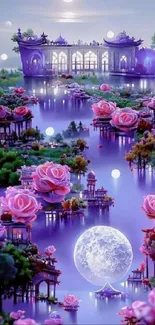 Lavender garden with pink roses and a palace under the moonlit sky.