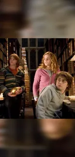 Three friends exploring a magical library filled with books.