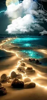 Magical beach pathway with lightning in a dreamy night setting.