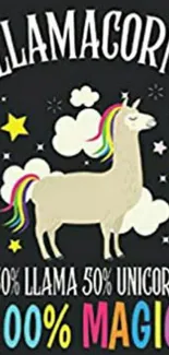 Llamacorn with colorful mane and stars on black background.