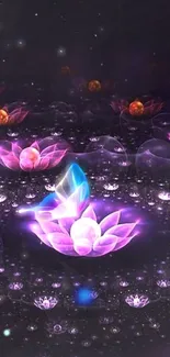 Magical wallpaper of glowing lotus and butterfly in purple hues.