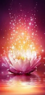 Glowing lotus flower with sparkling lights on a vibrant background.