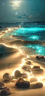 Enchanting night scene with glowing beach under a full moon.