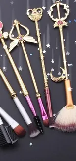 Whimsical makeup brushes with gold accents on a black background.