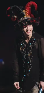 Mysterious figure in an ornate costume with red and black accents on stage.