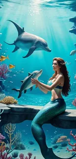 Mermaid with dolphins in a vibrant underwater scene with corals.