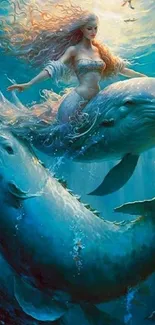 A magical scene with a mermaid riding whales underwater.