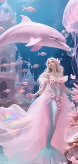 Magical mermaid in pink coral fantasy world with dolphins.
