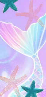 A pastel mermaid tail with starfish on a lavender background.