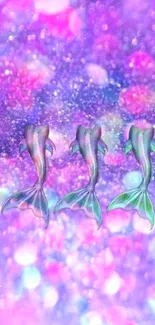 Colorful purple wallpaper with three mermaid tails.