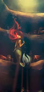 Enchanting mobile wallpaper of a mermaid in an underwater fantasy realm.