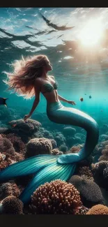 Enchanting mermaid swimming among coral reefs in sunlight.