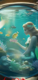 Enchanting mermaid in vibrant underwater world with colorful sea life.