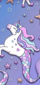 Whimsical mermaid unicorn with stars and pastel colors on a purple background.