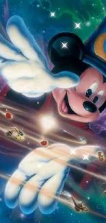 Mickey Mouse in a magical galaxy with vibrant, colorful background.