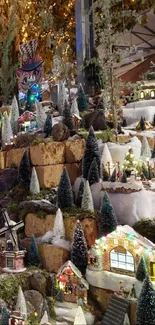 Miniature snowy village with lights and trees in a wintery holiday scene.