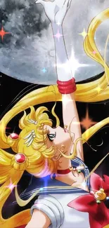 Anime character with golden hair against a moonlit cosmic backdrop.