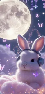 Cute bunny with headphones under a glowing moon and purple butterflies.