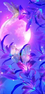 Magical purple wallpaper with butterflies under a glowing moon and sparkling stars.