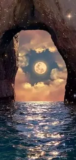 Beautiful moonlit cave view with stars and ocean.