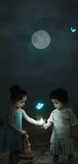 Two children under moonlight holding a glowing spark, surrounded by a mystical aura.