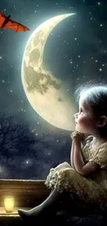 A child gazes at the crescent moon with butterflies fluttering in a starry night.