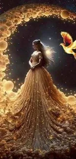 Fantasy art depicting a lady in a golden dress with a moon and stars.