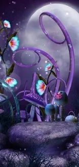 Magical purple fantasy wallpaper with moonlit scene and whimsical flowers.