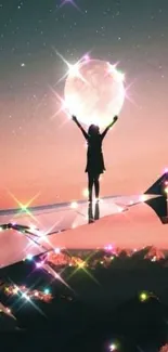 Silhouette on airplane wing reaching for the moon in a starry, pink-toned sky.