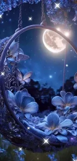 Magical blue floral swing under a moonlit night sky.