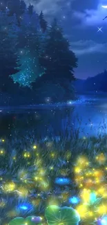 Magical moonlit forest with glowing fireflies and serene landscape.