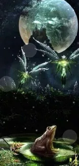 Magical scene of a frog in a moonlit forest surrounded by glowing fairies.