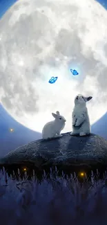 Two characters sit under a full moon in a magical night landscape.